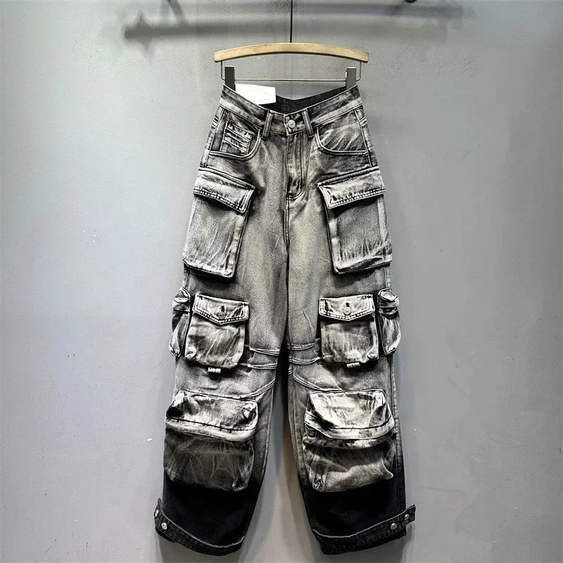 Huibahe Women's Jeans Gradient Grey Loose Multiple Pockets Straight Wide Leg Denim Cargo Pants 2024 Summer New Fashion 29L3268