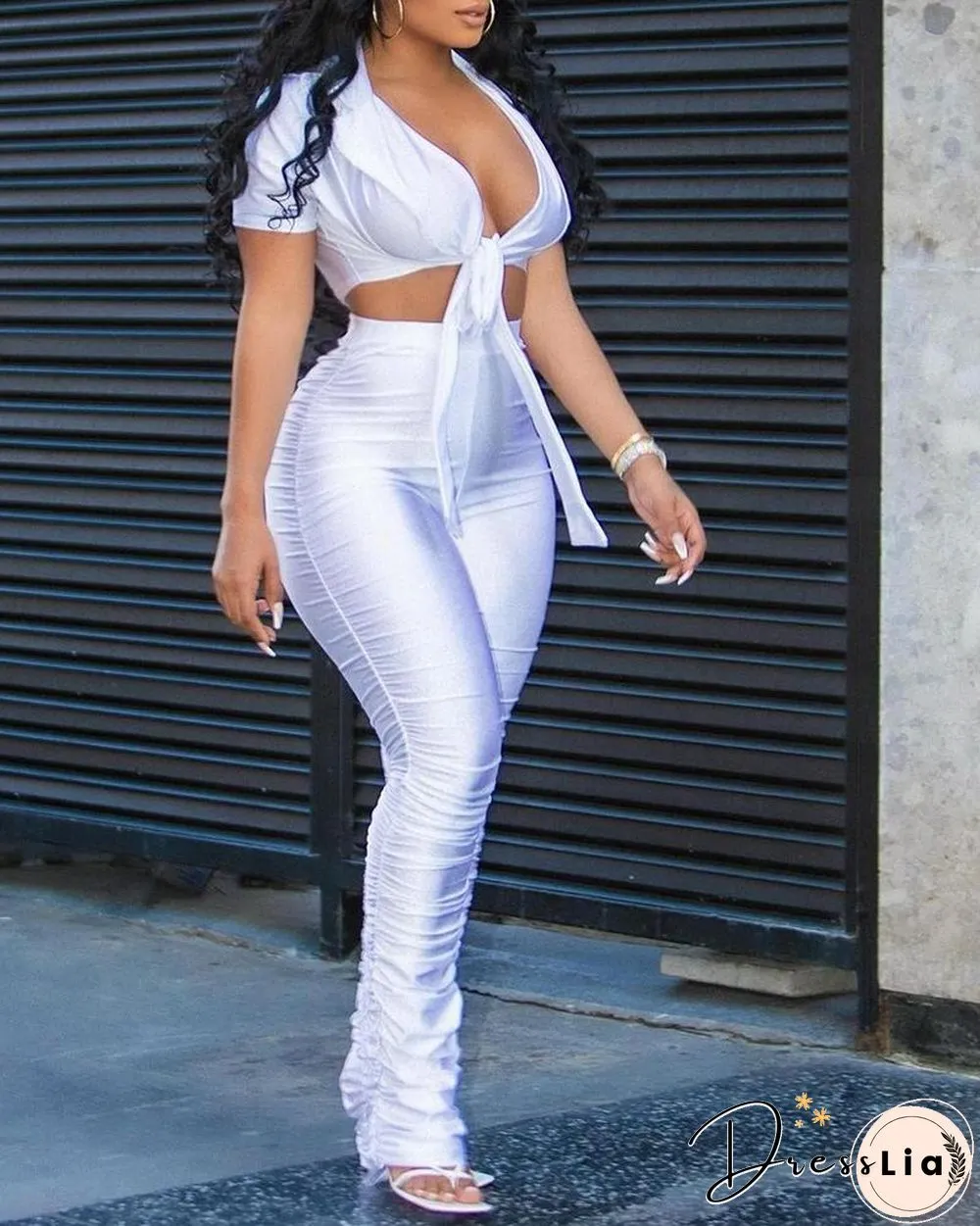 Plain V Neck Shorts Sleeve Top & Pants Set