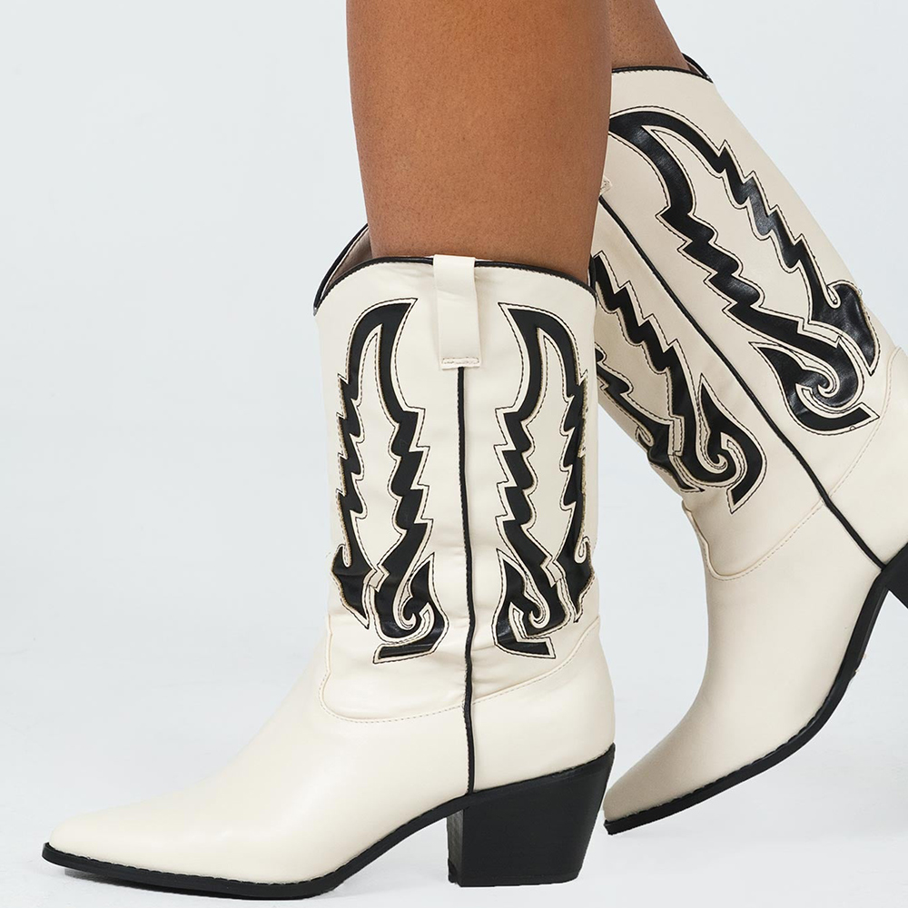 White Vegan Leather Pointed Toe Black Embroidered Mid-Calf Cowgirl Boots