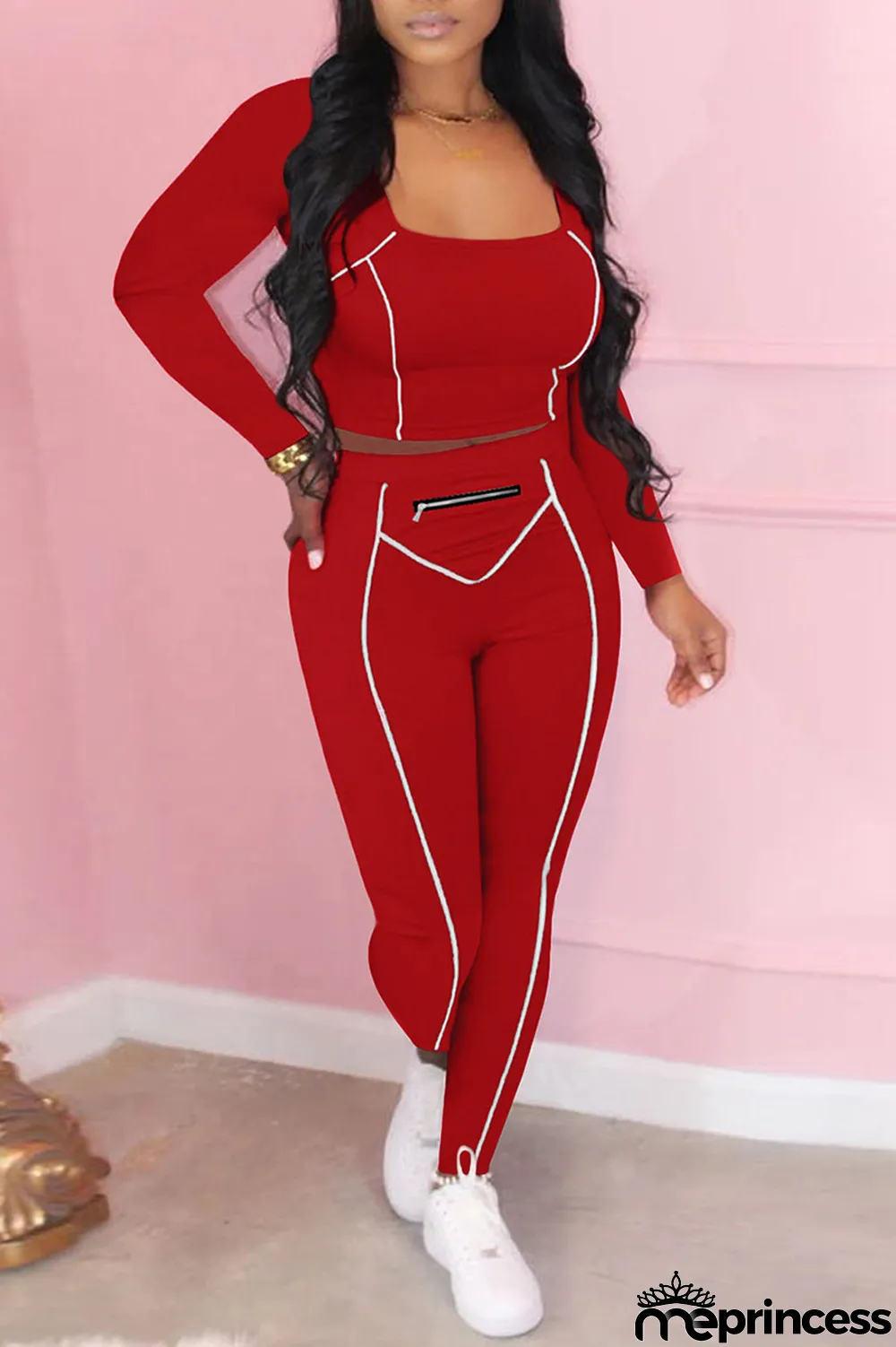 Tangerine Red Casual Solid Split Joint Zipper U Neck Long Sleeve Two Pieces