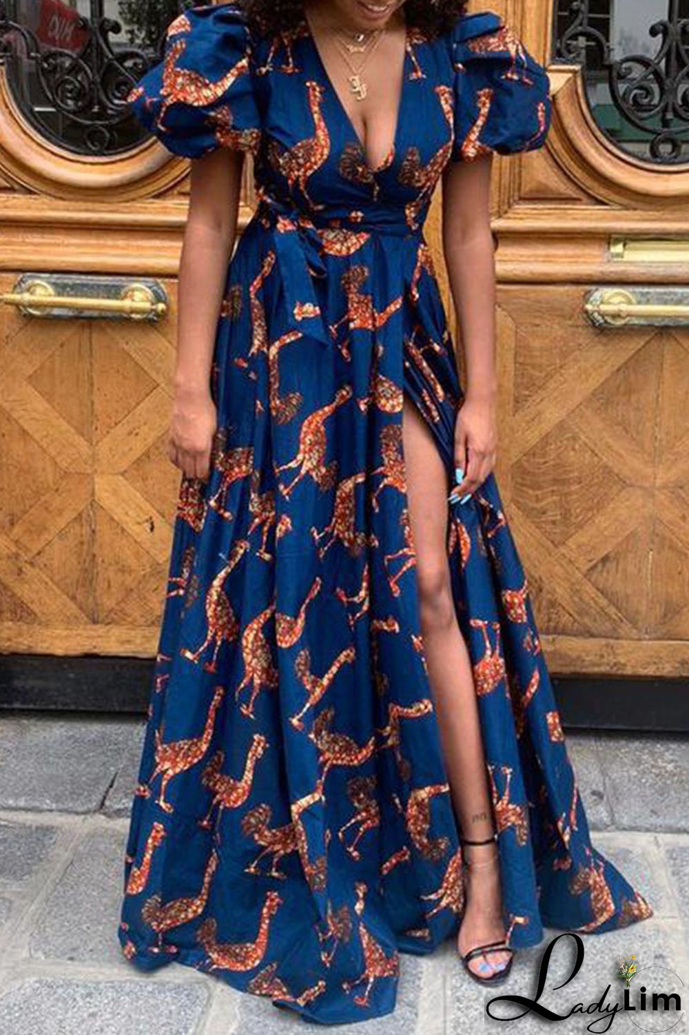 Tibetan Blue Elegant Print Split Joint Slit V Neck Straight Dresses