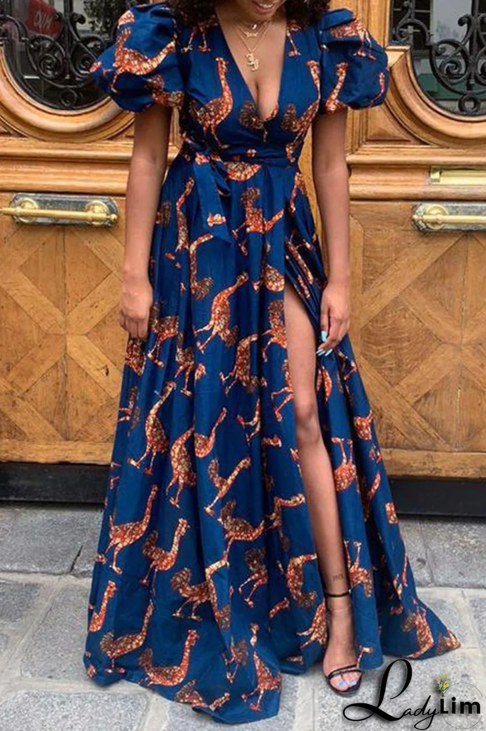 Tibetan Blue Elegant Print Split Joint Slit V Neck Straight Dresses