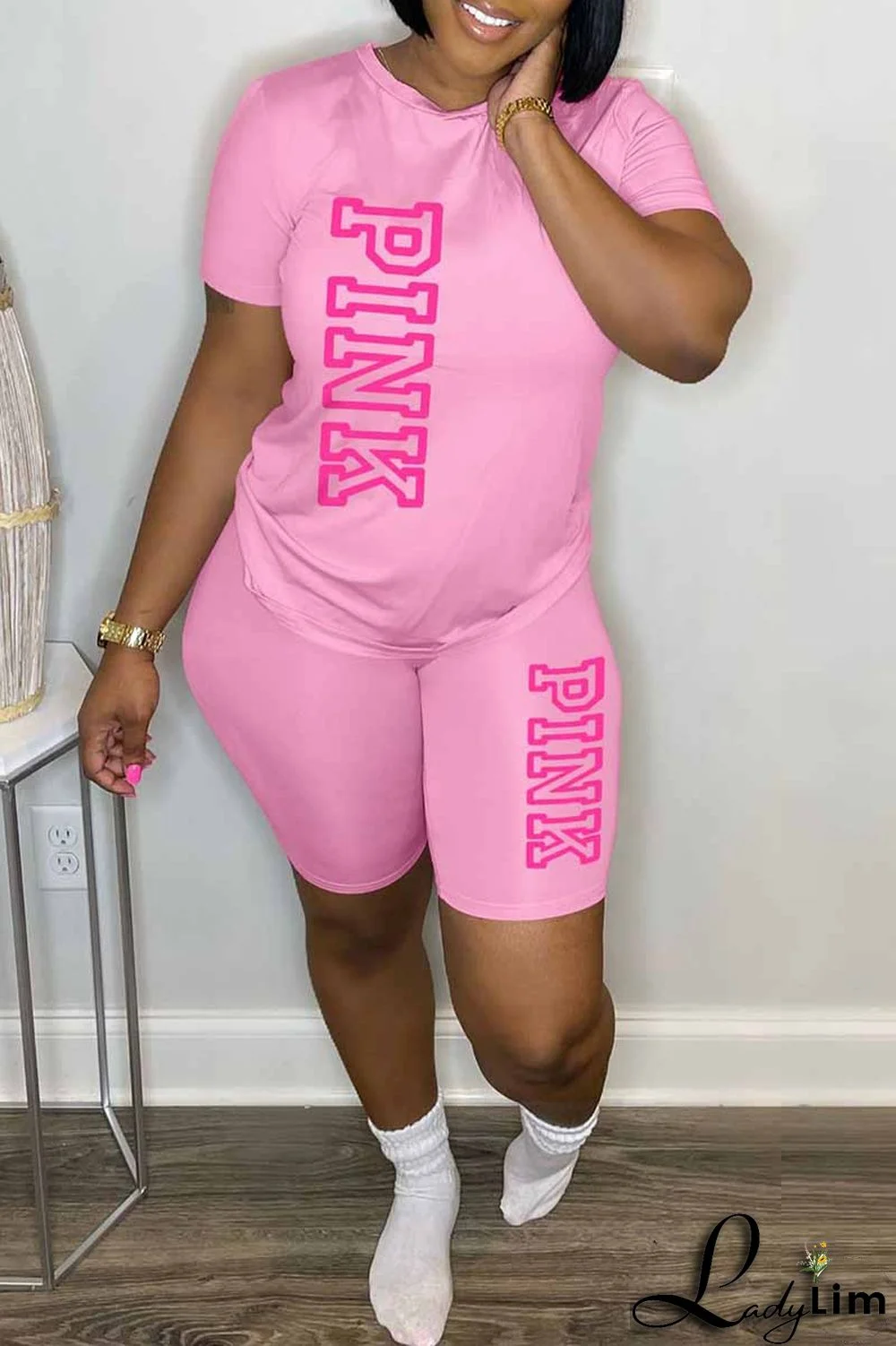 Blue Casual Print Letter O Neck Short Sleeve Two Pieces