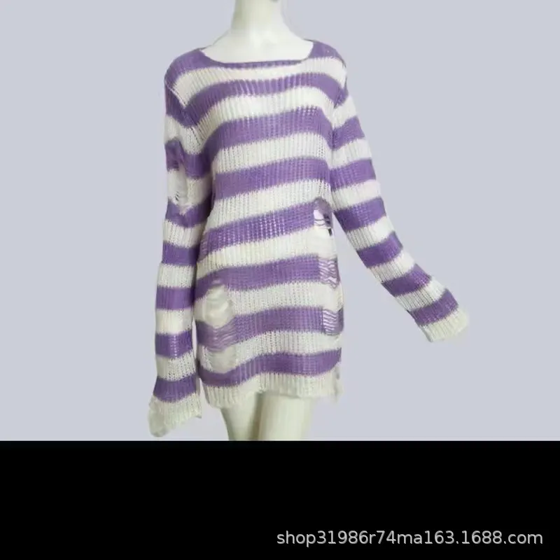 Churchf Churchf Hole Hollow Out In The Long Sweater Female Stripe Loose Color Dark Versatile Knit Niche Punk