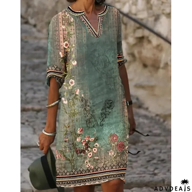 Women\u2018s Casual Dress Shift Dress Midi Dress Green Half Sleeve Floral Print Fall Spring Summer V Neck S M L XL XXL 3XL