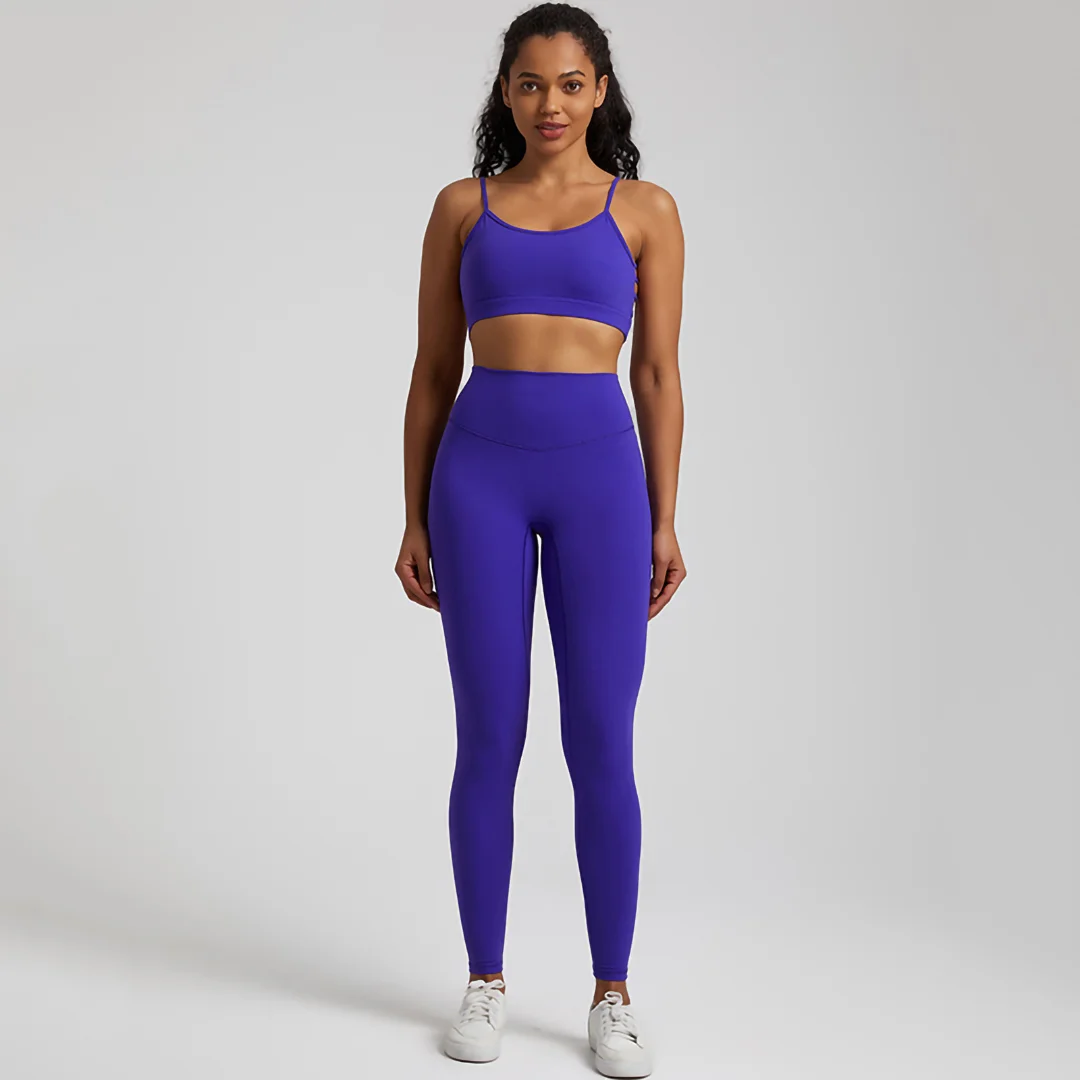 Solid color high stretch backless bra+sports leggings 2-piece set