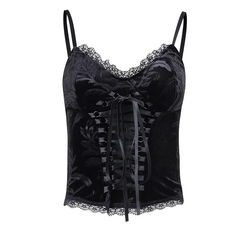 InsGoth Goth Lace Up Black Camis Vintage Bandage Velvet Corset Tops Goth Aethetic Lace Trim Women Sexy Backless Basic Camisole