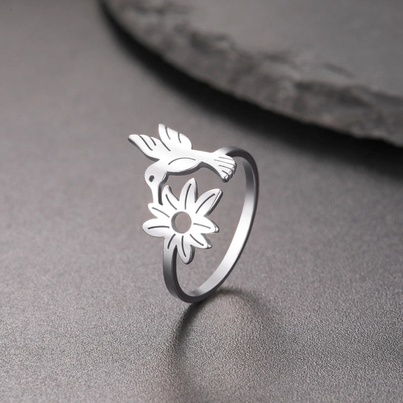 Cute Flower Bird 304 Stainless Steel 18K Gold Plated Hollow Out Rings