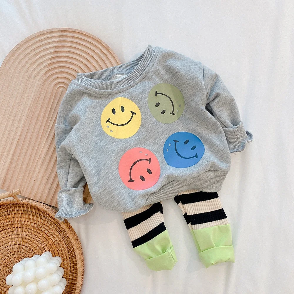 2022 Spring Kids Clothing Set Cartoon Long Sleeve Smile Blouse And Loose Pants 2 Pcs Suit