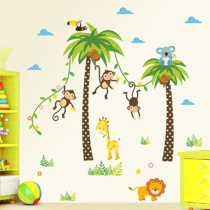 Giraffe Lion Monkey Palm Tree Forest Animals wall stickers for kids room Children Bedroom Wall Decals Nursery Decor Poster Mural