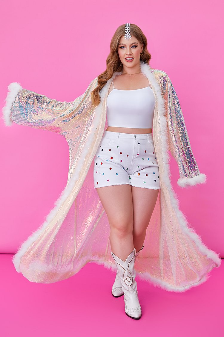 Xpluswear Design Plus Size White Party See-through Long Sleeve Feather Sequin Cardigans [Pre-Order]