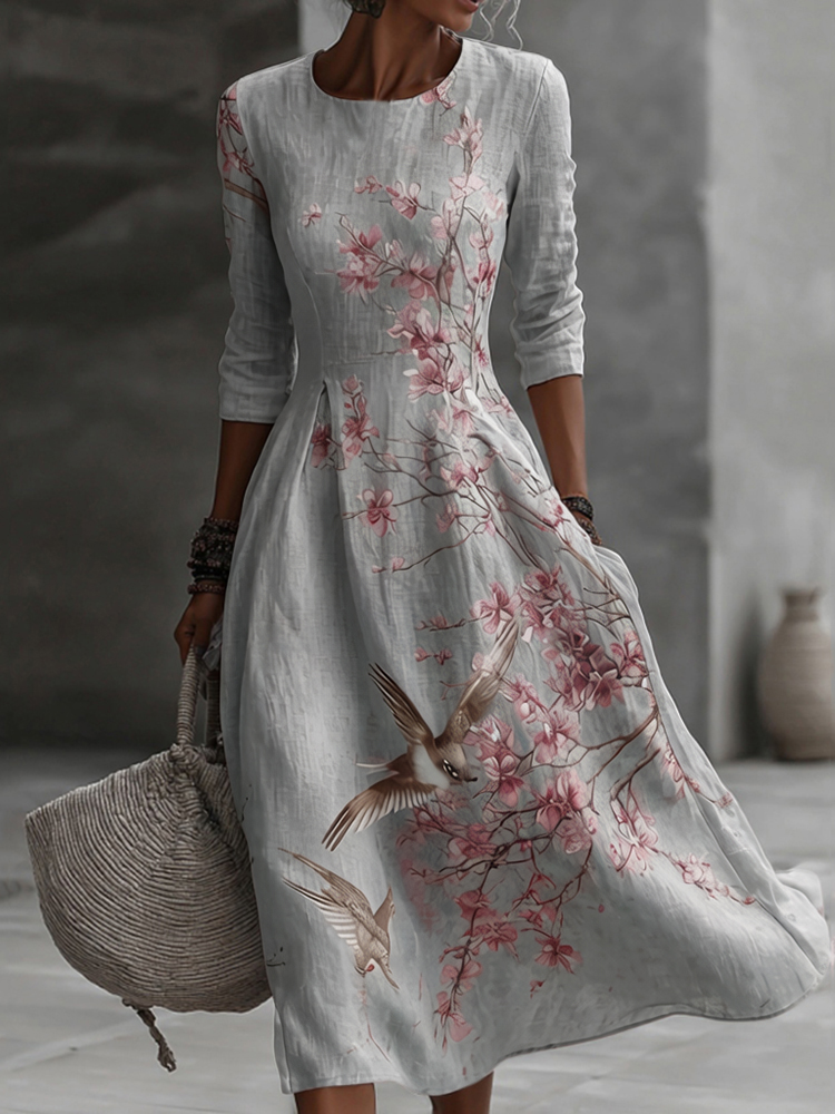 Japanese Plum Blossom Art Embroidered Casual Linen Maxi Dress elevenforest