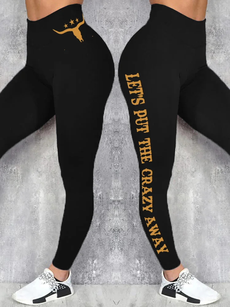 Put The Crazy Away Western Bull Skull Stretchy Leggings
