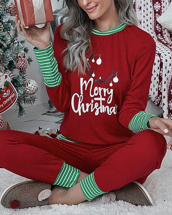 Casual Christmas Print Stripe Loungewear Shirt&Pants Set