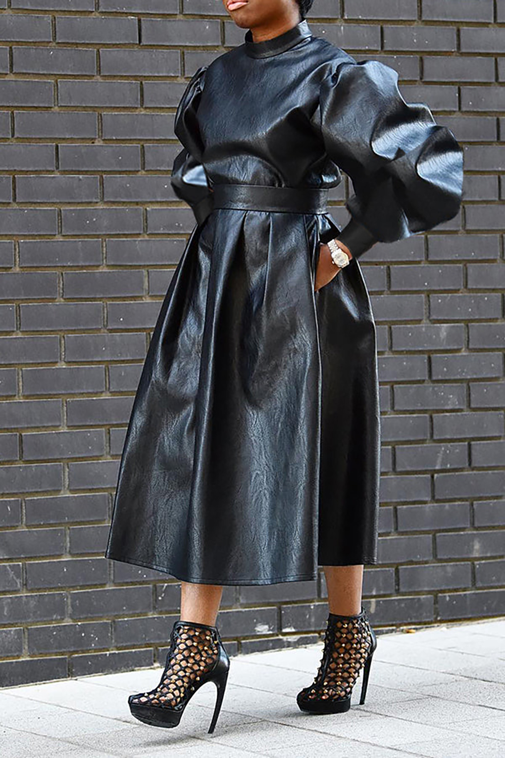 Plus Size Daily Midi Dresses Elegant Black Fall Winter Long Sleeve PU Leather Midi Dresses With Pocket