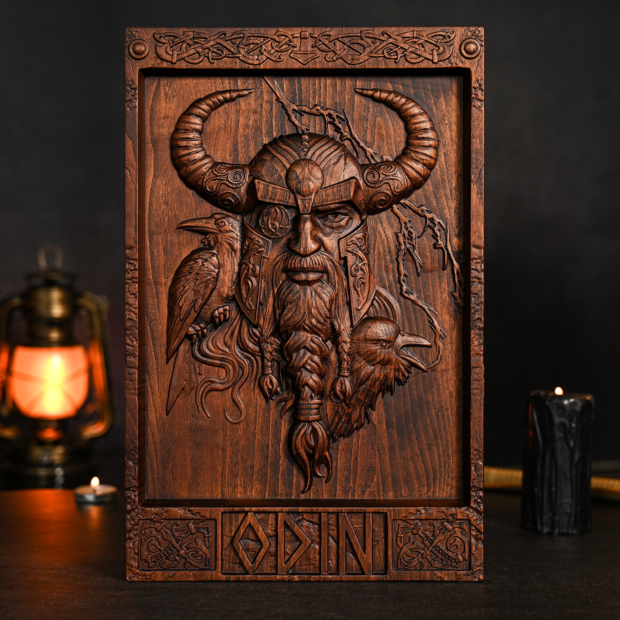 Wood-Carved Odin Wall Plaque: Ravens, Eyepatch & Runes – Viking Wisdom Awakens