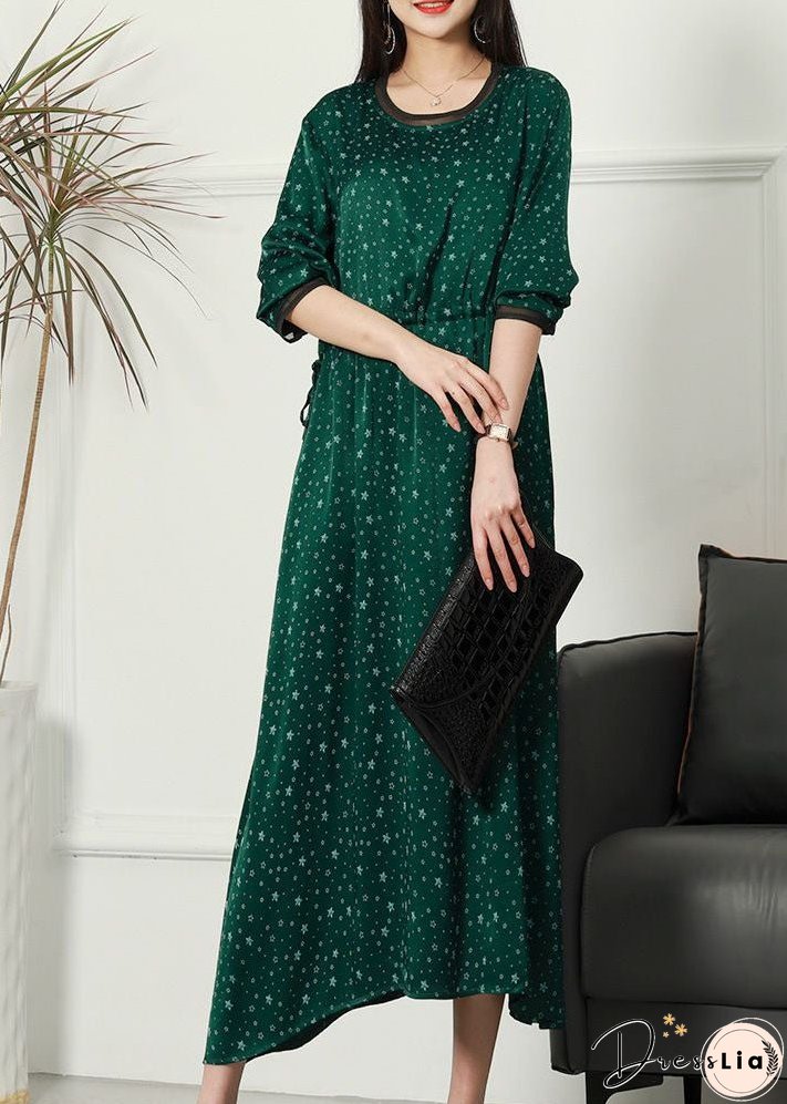 Women Green O Neck Print Patchwork Thin Silk Dresses Spring