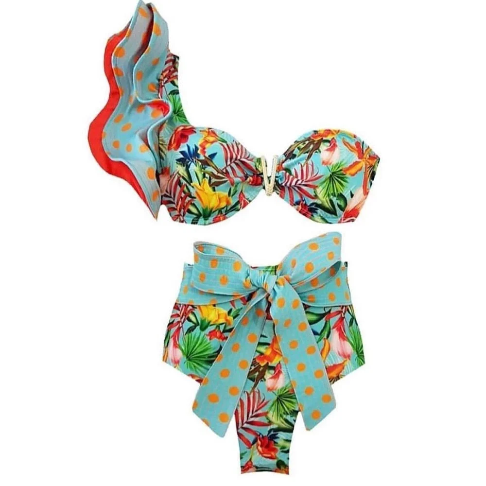 2021 New High Waist Bikini Set One Shoulder Swimsuit Print Floral Brazilian Swimming Suit Bathing Suit Summer Beach Wear biquini