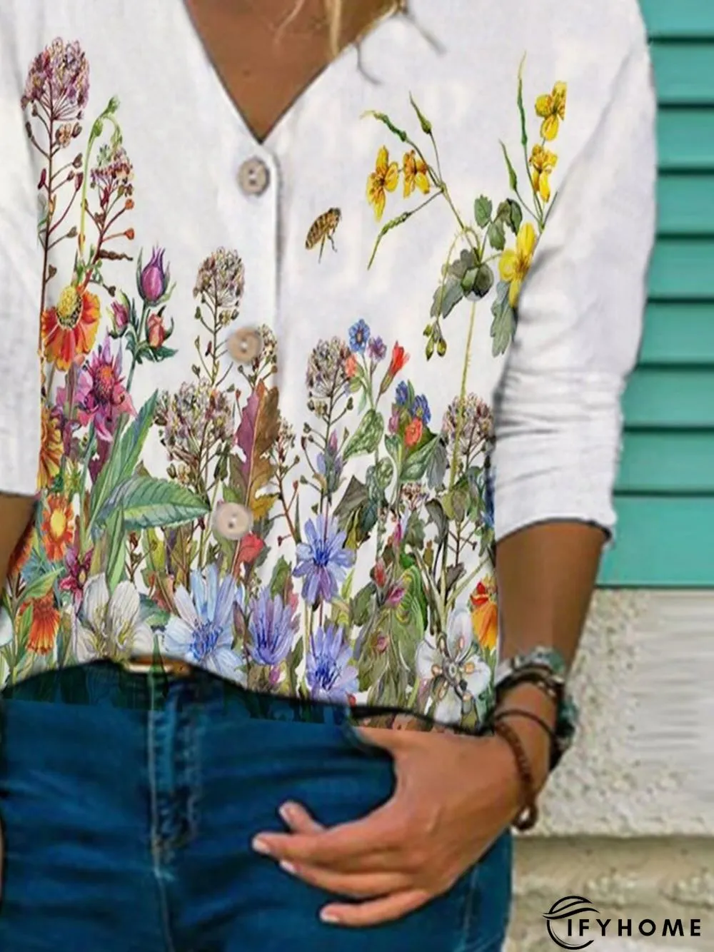 White Floral Printed Buttoned V Neck Long Sleeve Casual Shift Blouse | IFYHOME