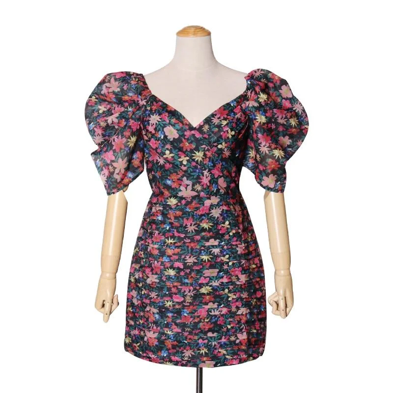 ABEBEY Vintage Print Floral V Neck Puff Short Sleeve High Waist Dresses Female Mini Slim Pencil Dresses Suummer New 2023