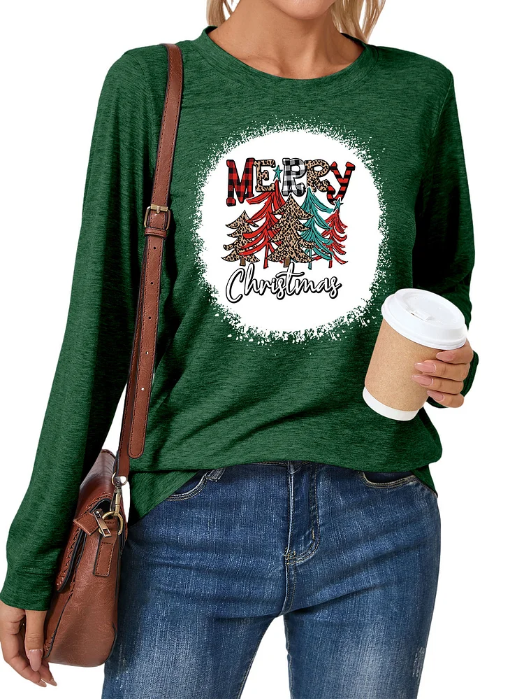 Womens Merry Christmas Tree Crewneck Tee Funny Holiday T-Shirts