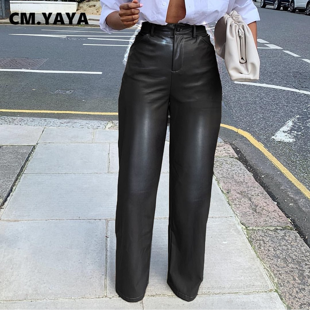 CM.YAYA Women Faux Leather Pu Pants Winter Spring Black High Waist Fashion Straight Trousers