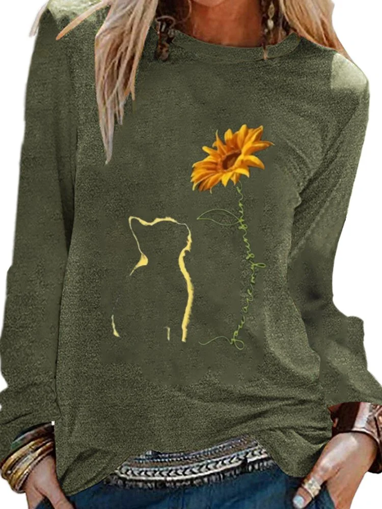 Cats & Sunflower Print Long Sleeve Top