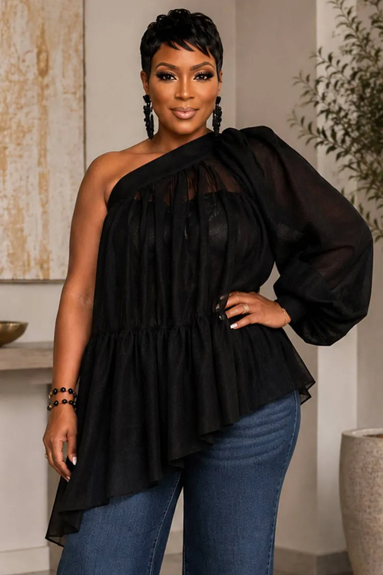 Xpluswear Design Plus Size Daily Black One Shoulder Long Sleeve Ruched Tulle Blouses [Pre-Order] 2024 - Xpluswear