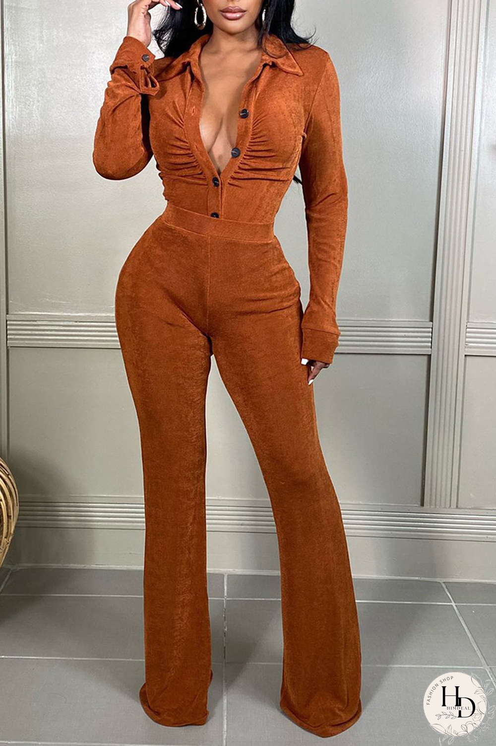 Khaki Sexy Solid Split Joint Turndown Collar Long Sleeve Two Pieces