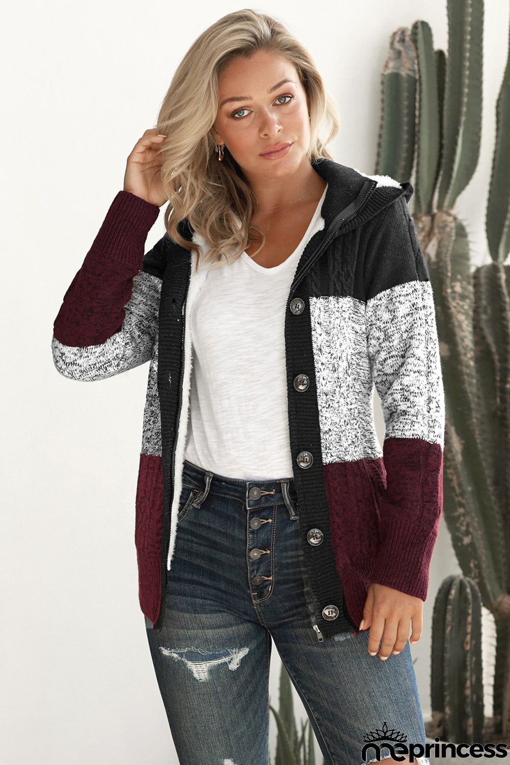 Winter Wine Hooded Button Cable Knit Cardigan