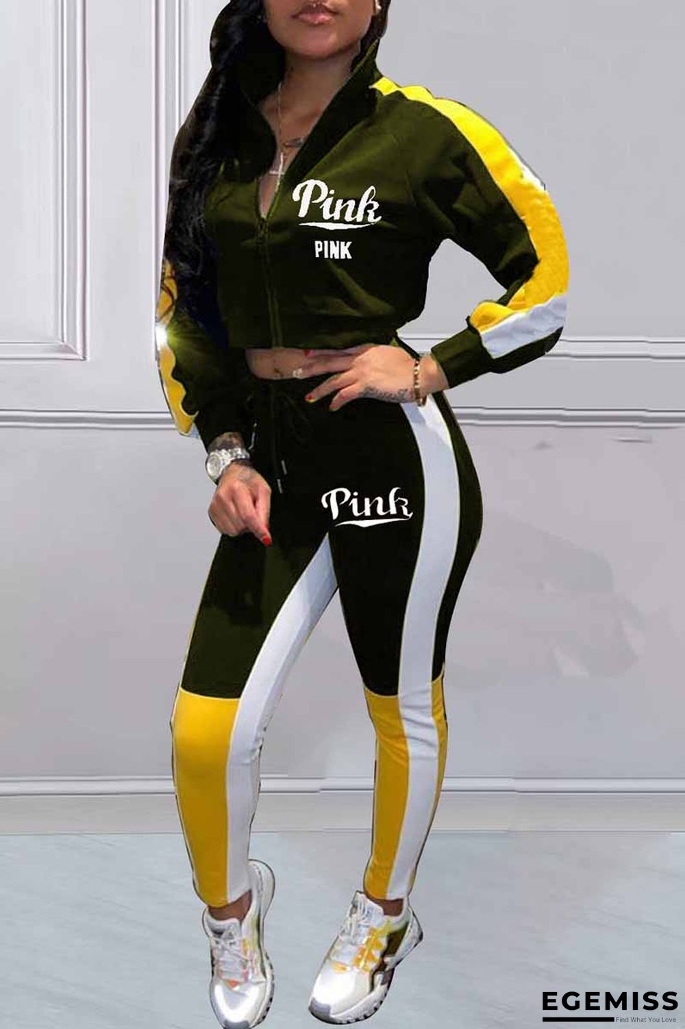 Army Green Casual Print Patchwork Letter Zipper Collar Long Sleeve Two Pieces | EGEMISS