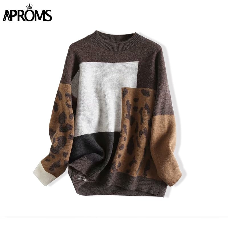 Aproms Elegant Leopard Print Oversized Pullovers Female Autumn Winter 2022 Soft Warm Knitted Sweaters Loose Jumpers for Women