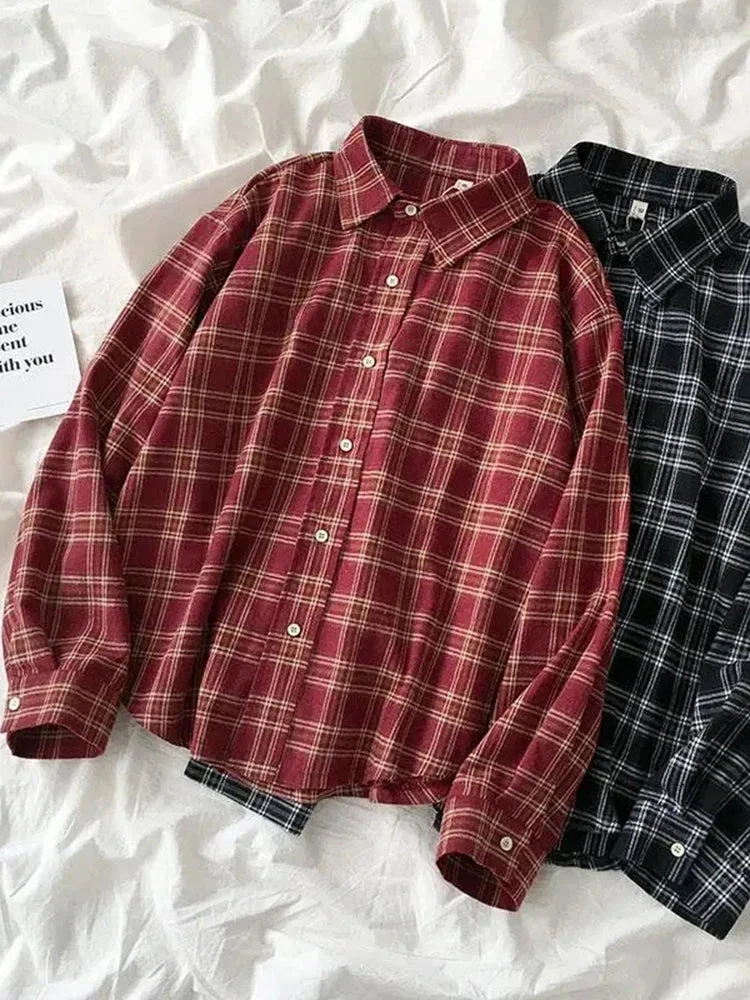Huiketi Red Plaid Women Shirts Autumn Loose Vintage Long Sleeve Button Up Female Shirts All Match Casual Turn Down Collar Tops New