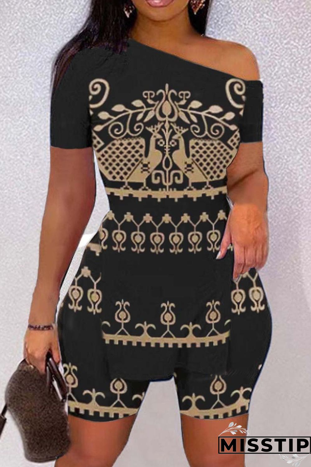 Black White Casual Print Slit Oblique Collar Short Sleeve Two Pieces