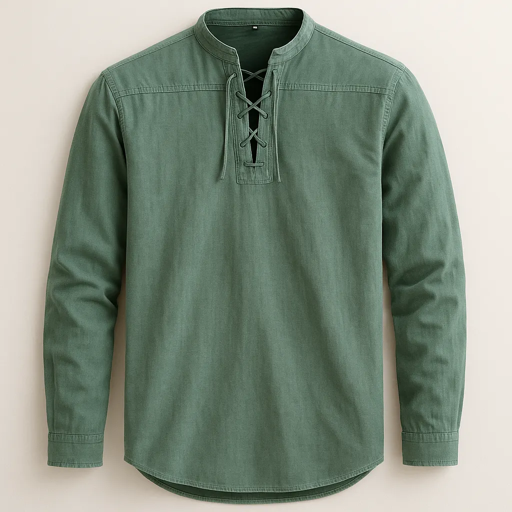 Men's Linen Cotton Lace-Up Shirt &ndash; Band Collar Relaxed Fit &ndash; Green