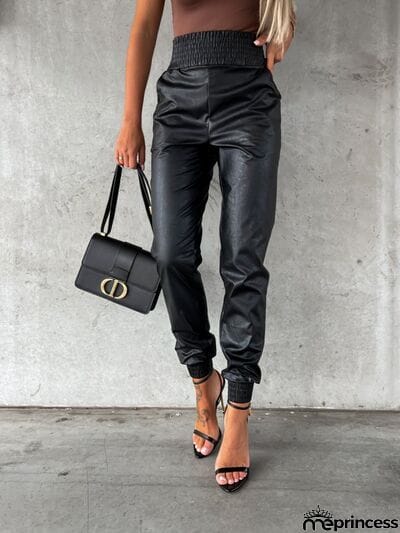 Smocked High Waist Pants with Pockets