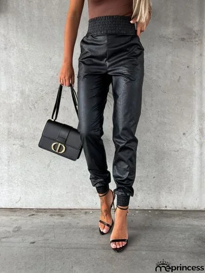 Smocked High Waist Pants with Pockets