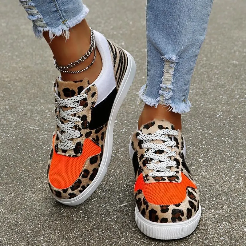 Qengg New Women's Casual Shoes Stylish Leopard Print Lace-Up Colorblock Sneakers Platform Comfort Vulcanized Shoes Tenis Respiravel