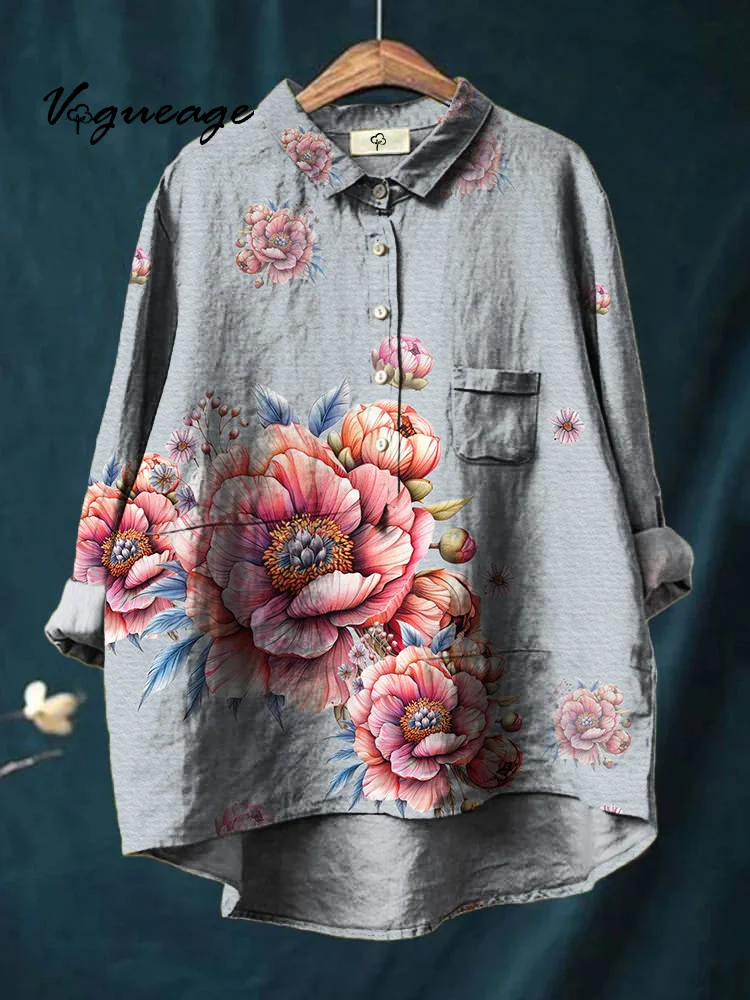 Noble Generous And Elegant Flowers Printed Cotton And Linen Shirt