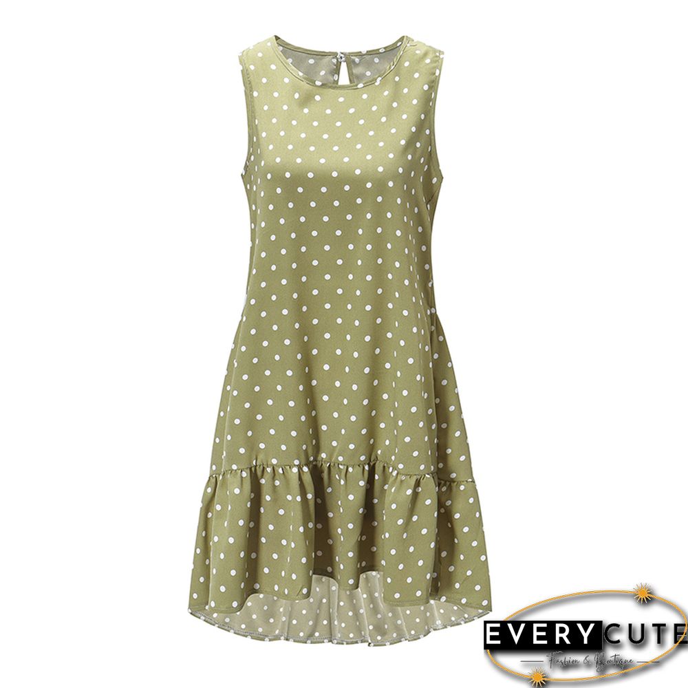 Light Green Polka Dot Ruffled Hem Loose Fit Tank Dress