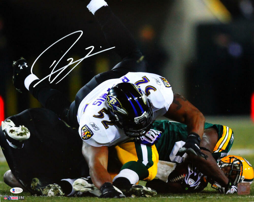 Ray Lewis Signed Ravens 16x20 HM Tackle Vs Packers Photo Poster painting - Beckett W Auth *White