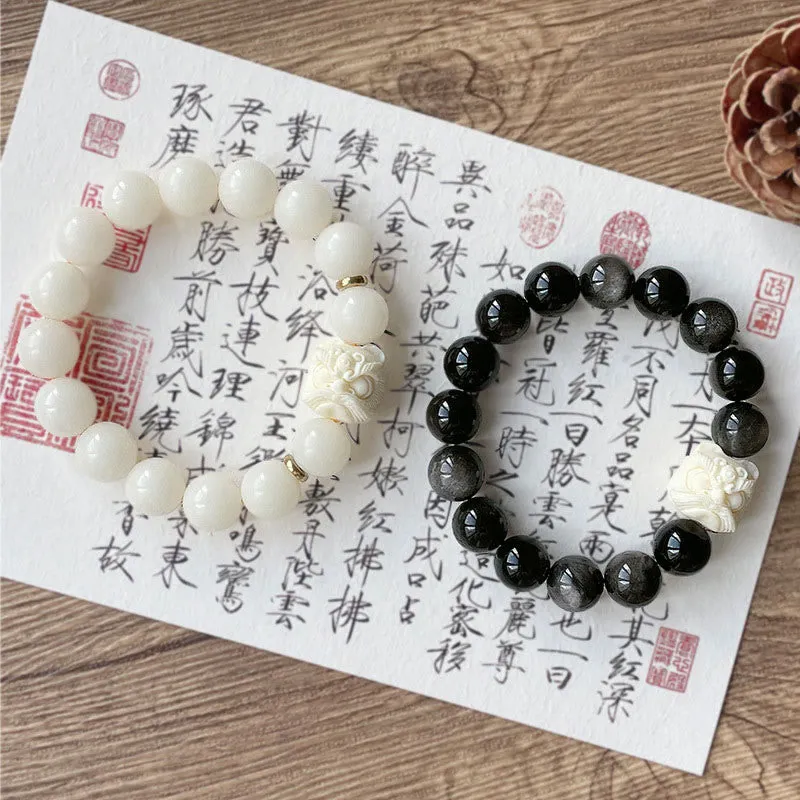 Silver Sheen Obsidian Bodhi Seed Ivory Fruit Dancing Lion Protection Bracelet