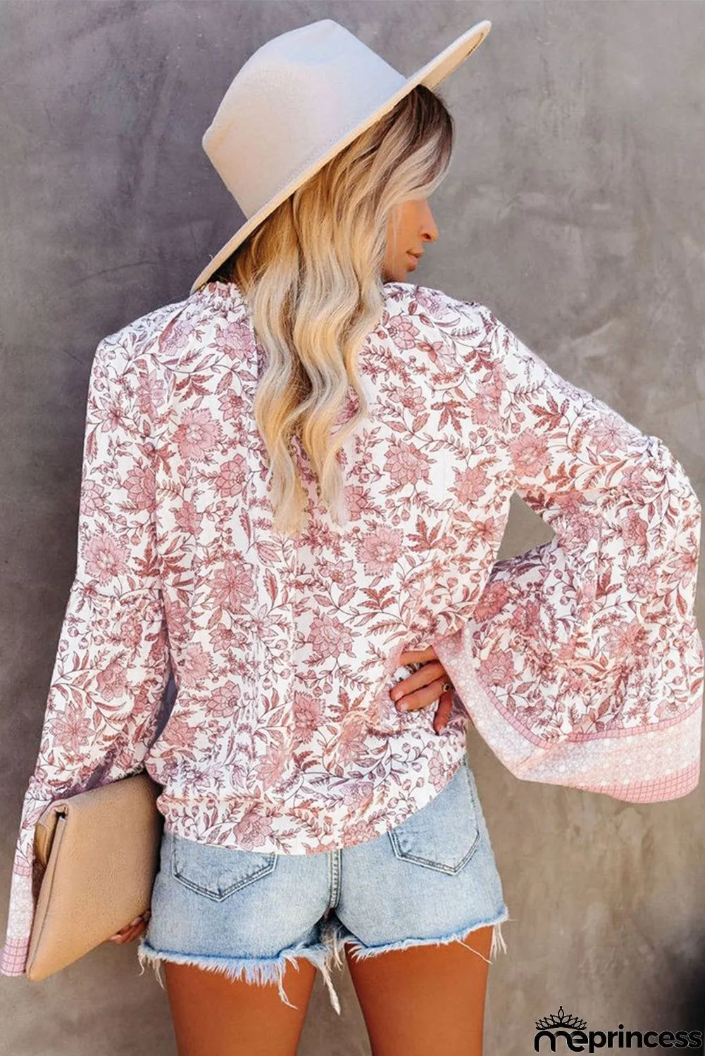 Floral Print V Neck Drawstring Flared Sleeve Top