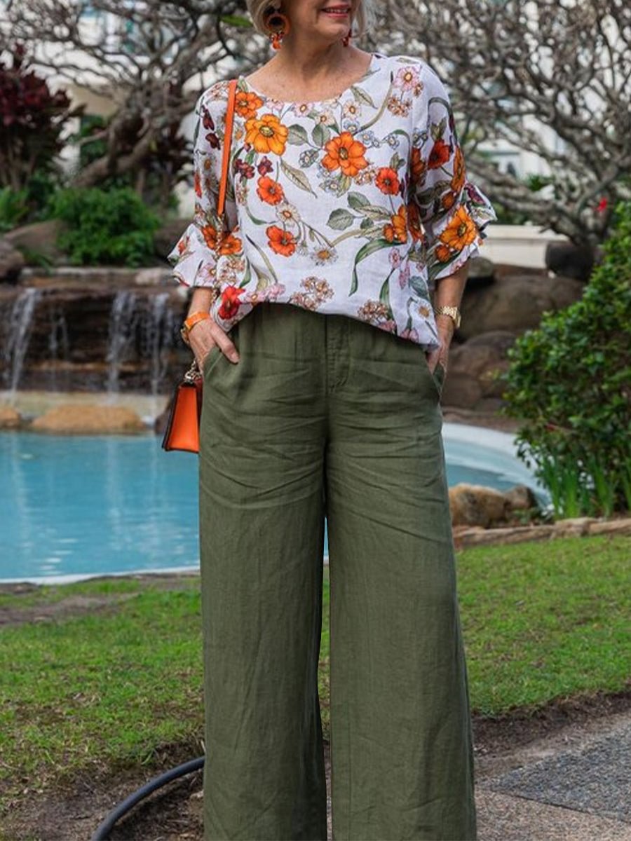 Flower Print Top And Plain Trousers Set