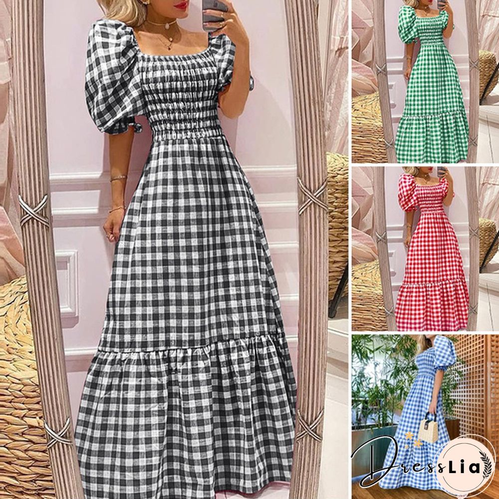 Women Puff Sleeve Square Neck Vintage Checked Plaid Maxi Dress Holiday Party Prom Dresses Kleid Plus Size