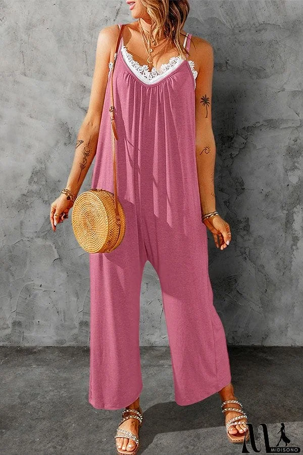 Casual Spaghetti Straps Wide Leg Pocketed Jumpsuits