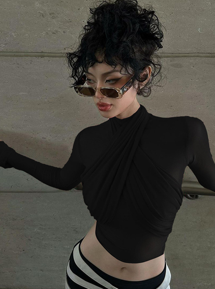 Hugcitar 2024 Spring Mesh Turtleneck Long Sleeve Red Draped Bandage Sexy See Through Crop T-Shirt Top Streetwear Club
