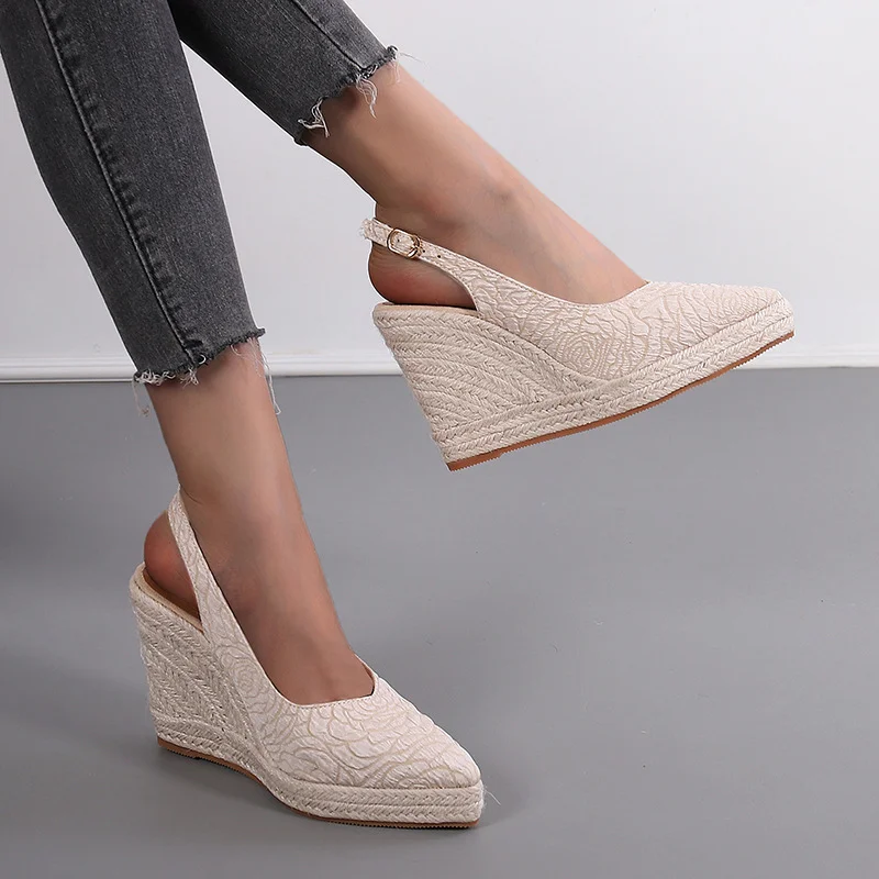 Wongn Wongn Heel Thick High Heel Pointed Head Drag Sandals Women Shallow Mouth Empty Single Shoes Straw Hemp Rope