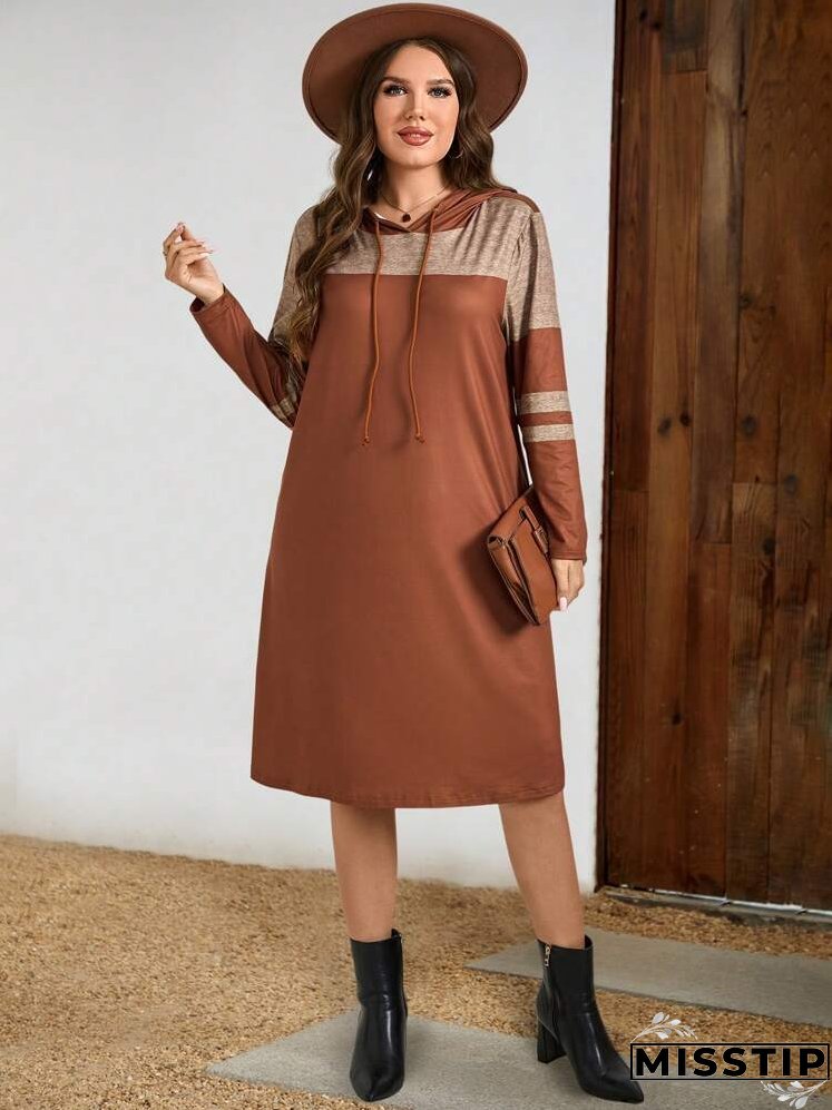 Plus Size Women Colorblock Drawstring Hooded Long Sleeve Casual Dress, Spring Autumn