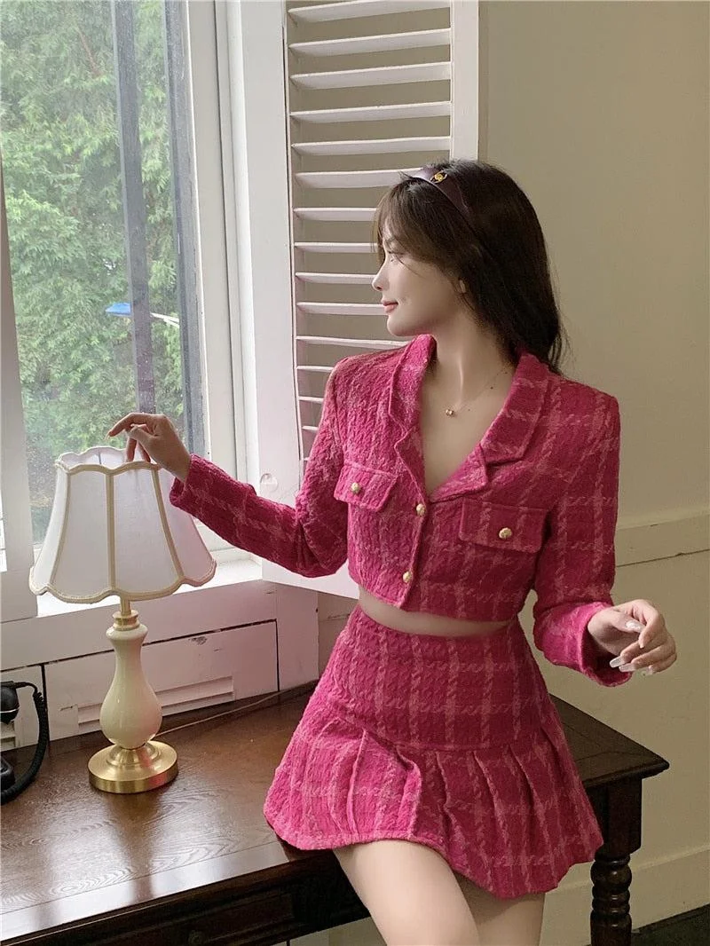 Brownm Crop Jacket & Mini Skirt Two Piece Set